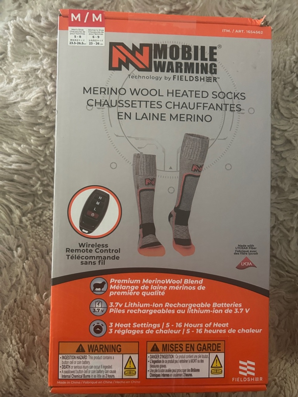 NIB Mobile Warming Heated Merino Wool Socks - Gray with Orange Trim SIZE M
